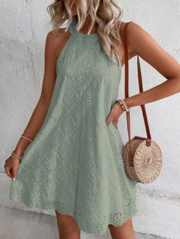 Summer New Women's Lace Solid Color Sleeveless Button Dress