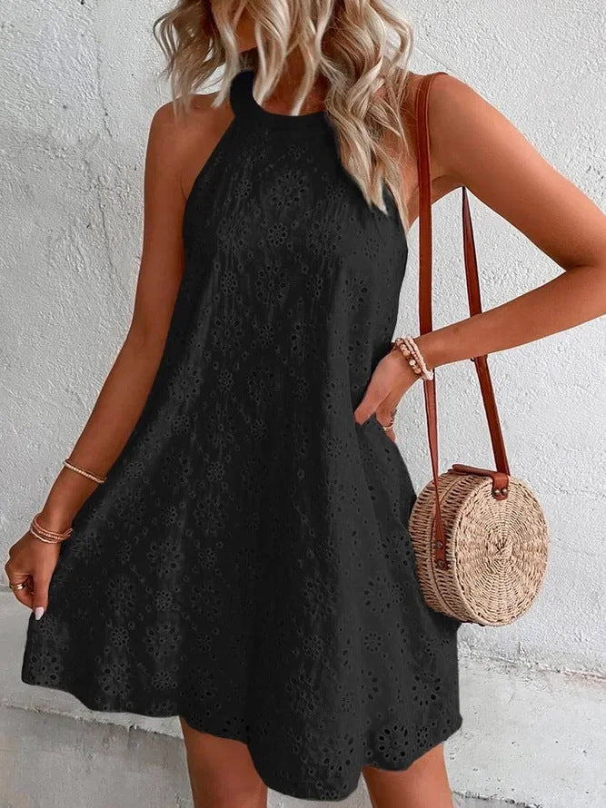 Summer New Women's Lace Solid Color Sleeveless Button Dress