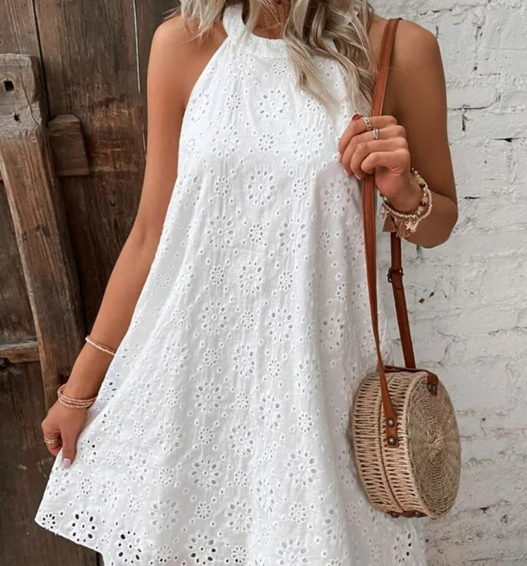 Summer New Women's Lace Solid Color Sleeveless Button Dress
