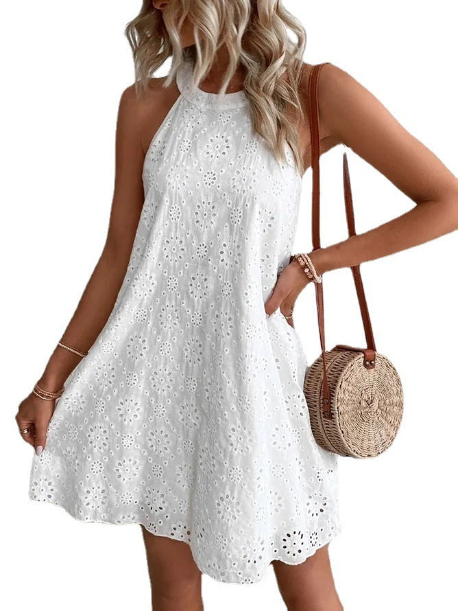 Summer New Women's Lace Solid Color Sleeveless Button Dress