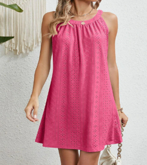 Summer New Women's Lace Solid Color Sleeveless Button Dress