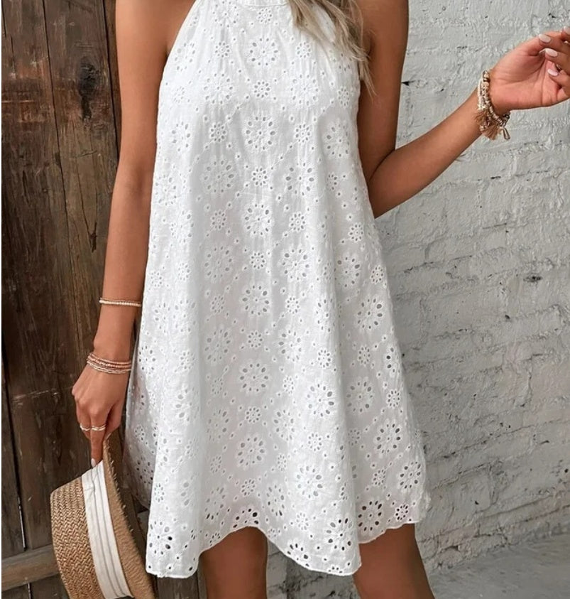 Summer New Women's Lace Solid Color Sleeveless Button Dress