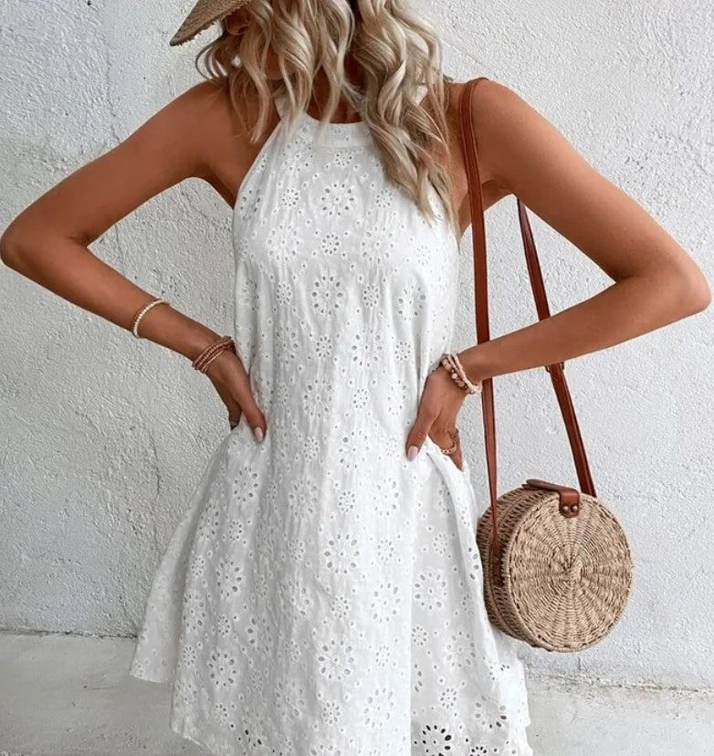 Summer New Women's Lace Solid Color Sleeveless Button Dress