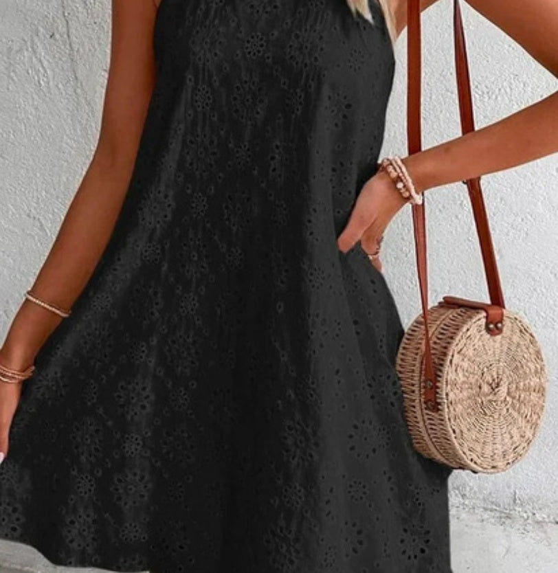 Summer New Women's Lace Solid Color Sleeveless Button Dress