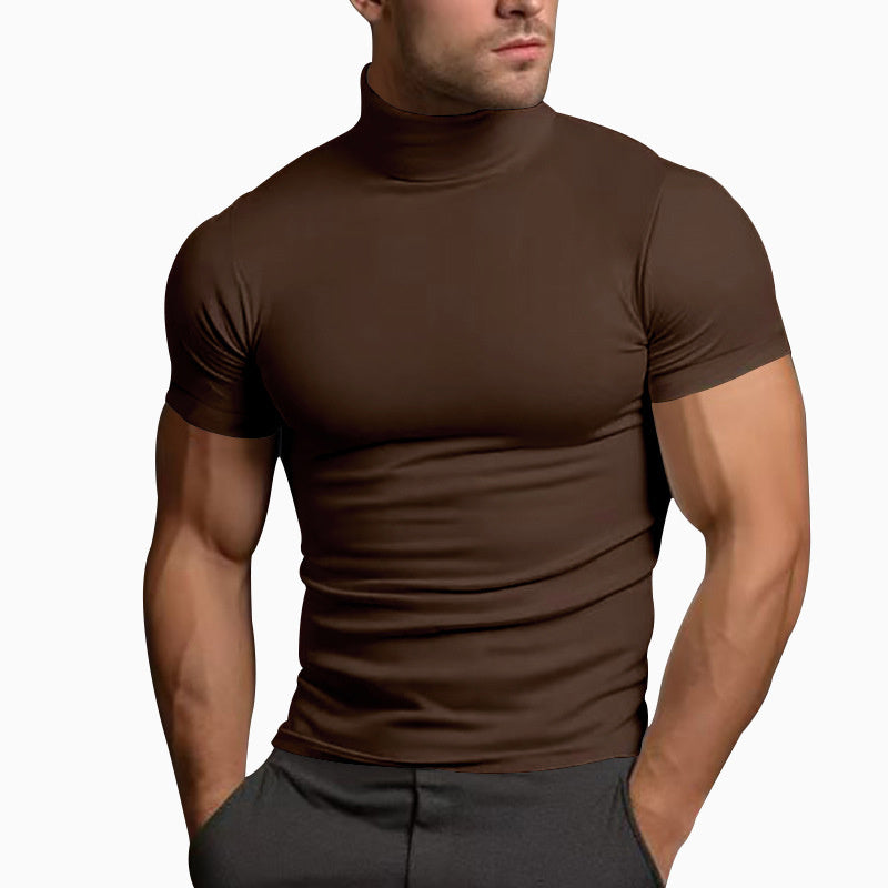 Summer Solid Color Short Sleeve Fashion Bottoming Shirt Men's Tight Turtleneck T-shirt