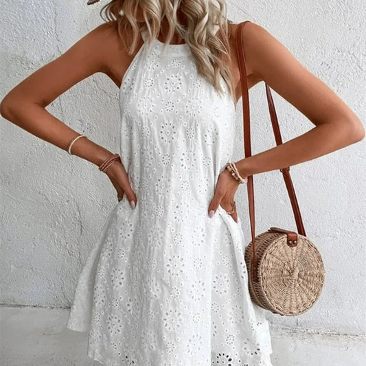 Summer New Women's Lace Solid Color Sleeveless Button Dress